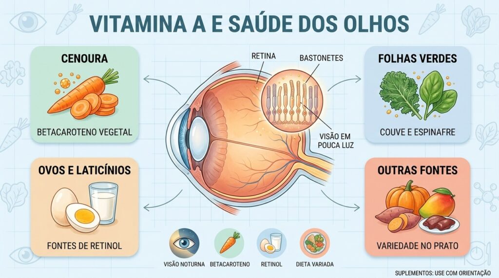 Conheça fontes de retinol e betacaroteno e entenda o papel da vitamina A na visão noturna.