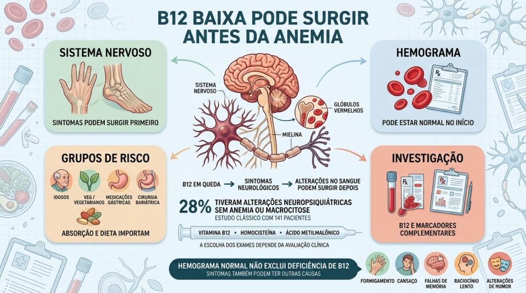 Alterações neurológicas da deficiência de B12 podem preceder mudanças detectáveis no hemograma.