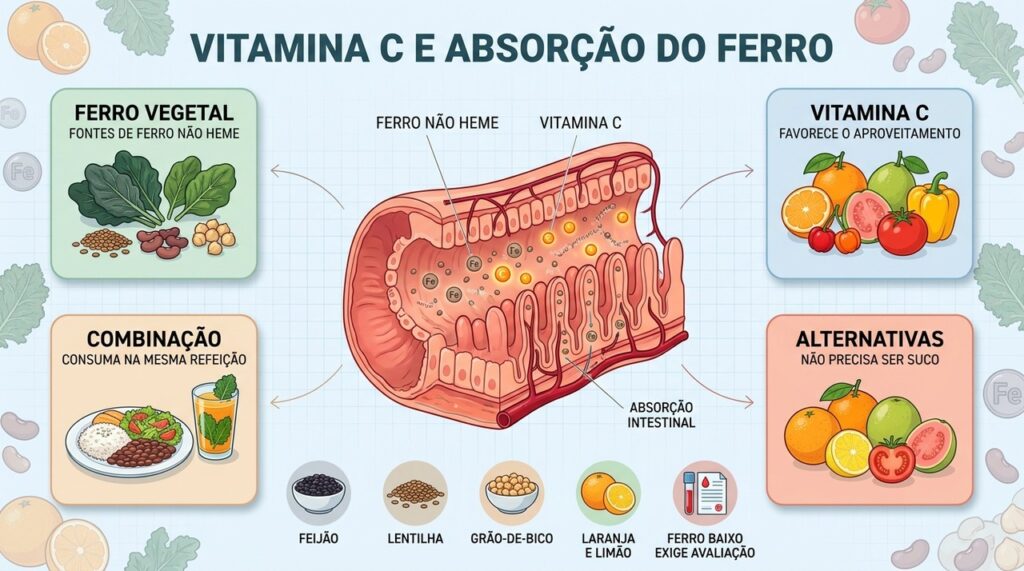 Vitamina C favorece a absorção intestinal do ferro presente nos alimentos vegetais.