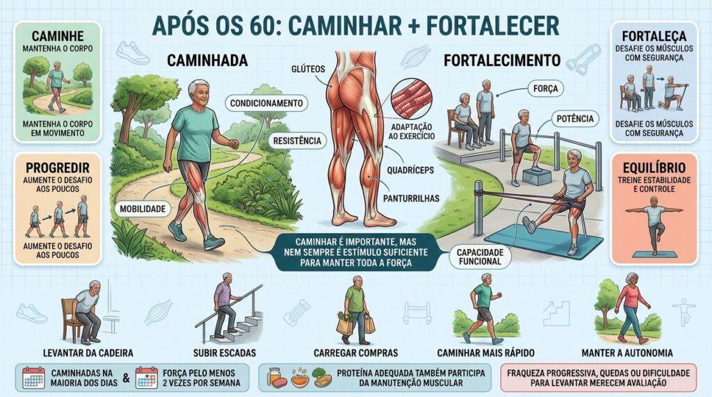 Caminhada, fortalecimento e equilíbrio se complementam para preservar força e autonomia após os 60.