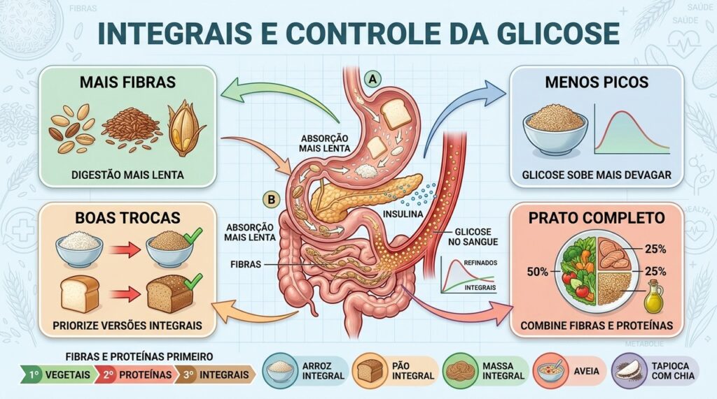 Fibras dos integrais tornam a digestão mais lenta e suavizam a glicemia pós-refeição.