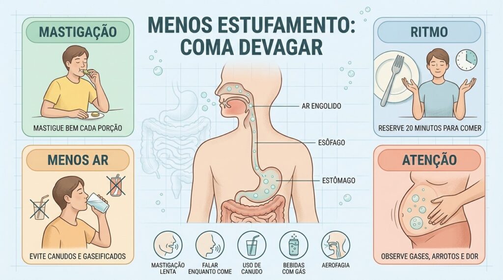 Entenda como a aerofagia e hábitos à mesa contribuem para gases, arrotos e distensão abdominal.