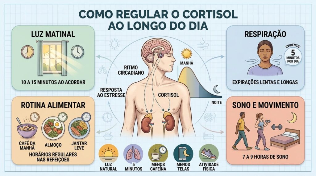 Luz, respiração, refeições regulares, exercício e sono favorecem o equilíbrio diário do cortisol.