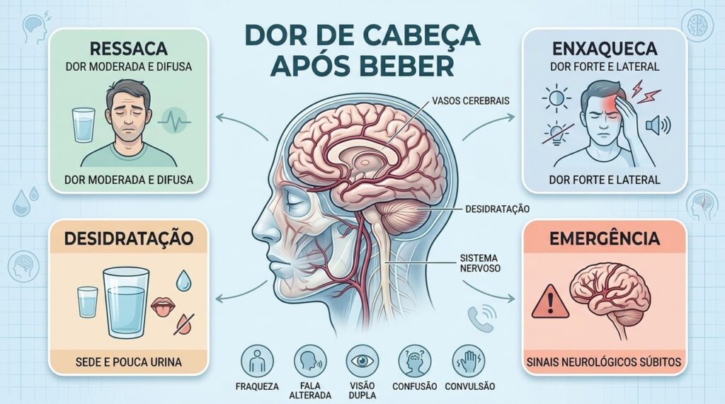 Ressaca, enxaqueca e desidratação têm características diferentes dos sinais neurológicos de emergência.