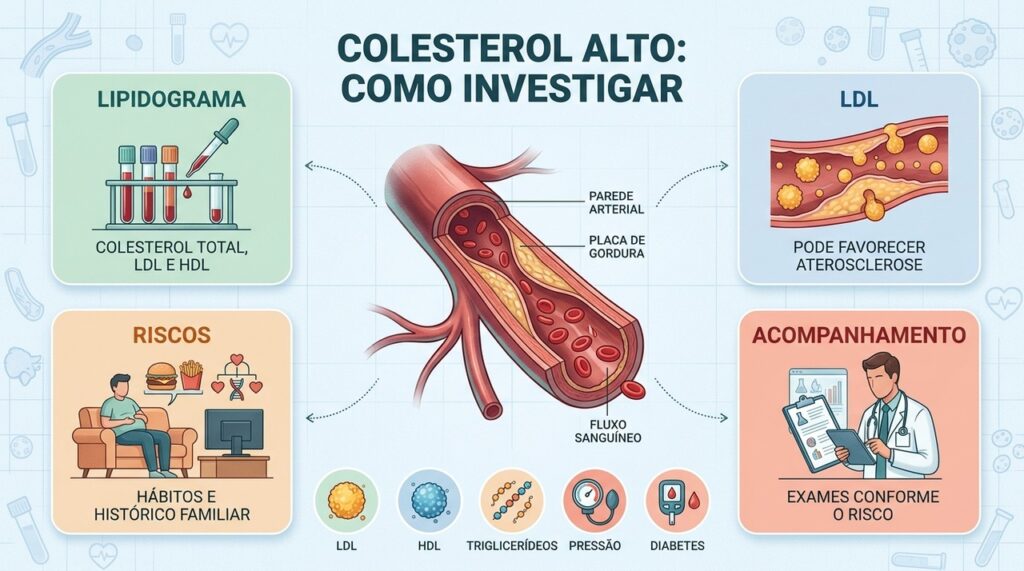 Lipidograma, fatores de risco e acompanhamento ajudam a identificar o colesterol elevado precocemente.
