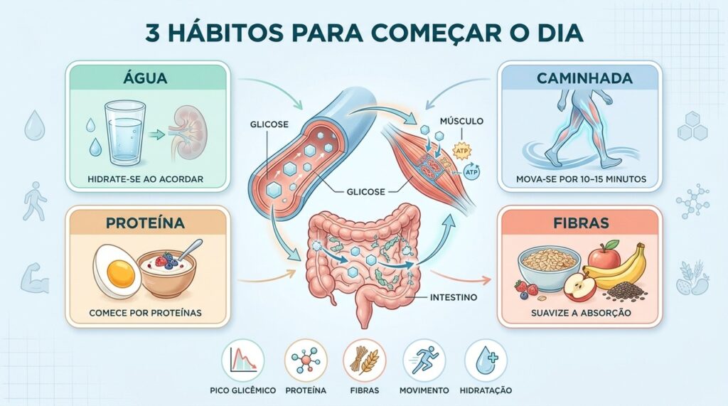 Três hábitos simples combinam hidratação, movimento, proteína e fibras para uma manhã mais equilibrada.
