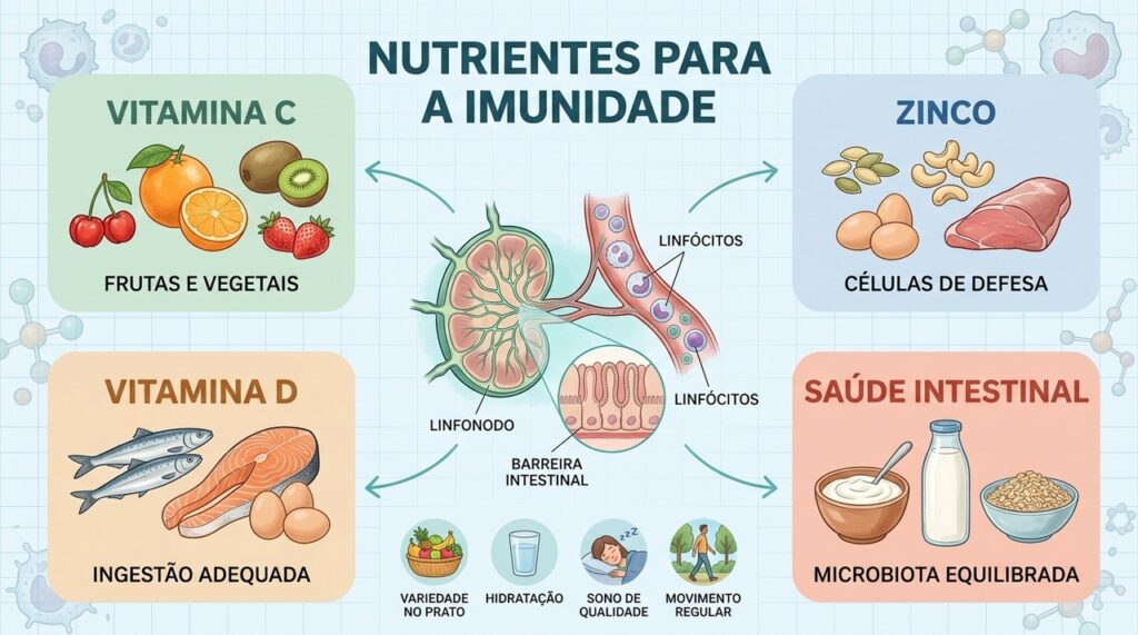 Vitamina C, zinco, vitamina D e saúde intestinal integram uma rotina alimentar favorável à imunidade.