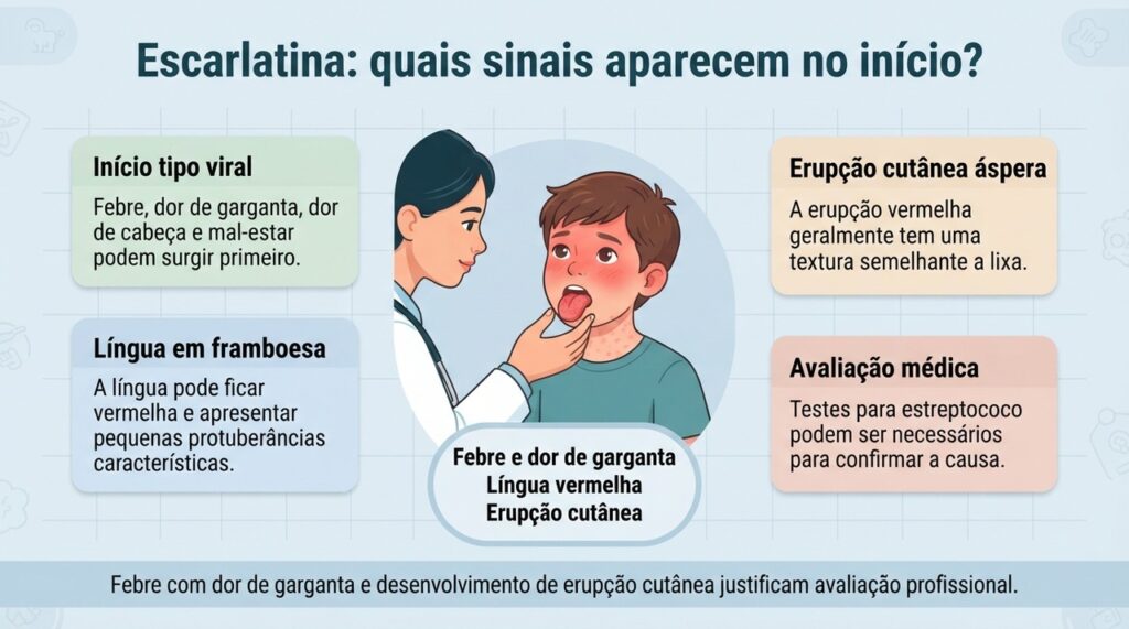 Na escarlatina, sinais inicialmente parecidos com virose podem ser seguidos por língua avermelhada e rash áspero característico.