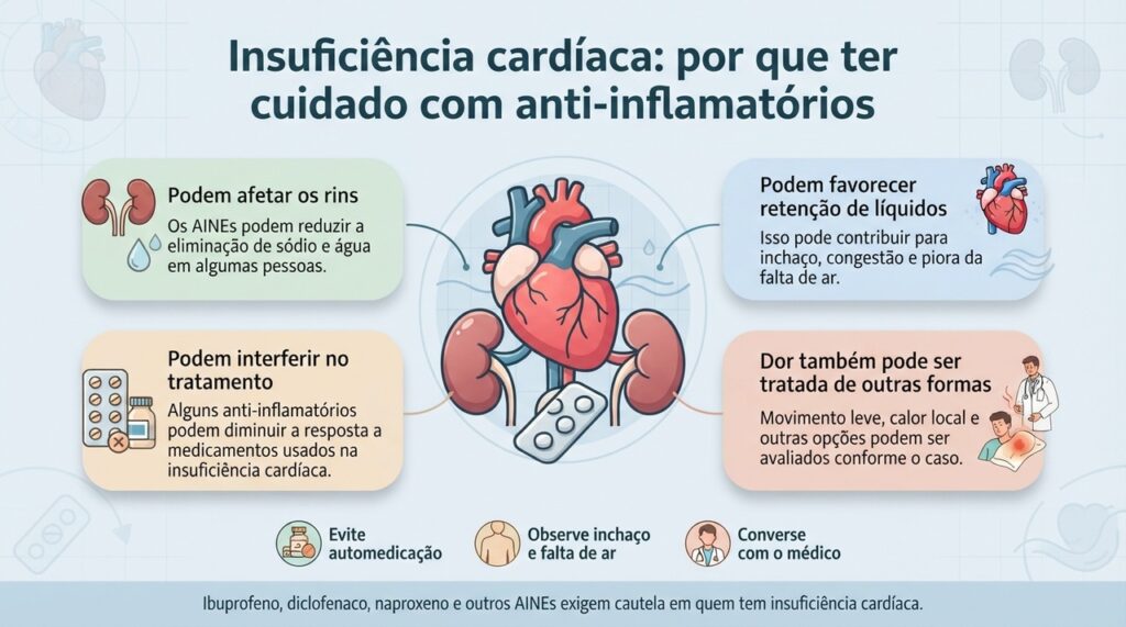 Na insuficiência cardíaca, os AINEs podem interferir na função renal, na retenção de líquidos e no tratamento cardiovascular.