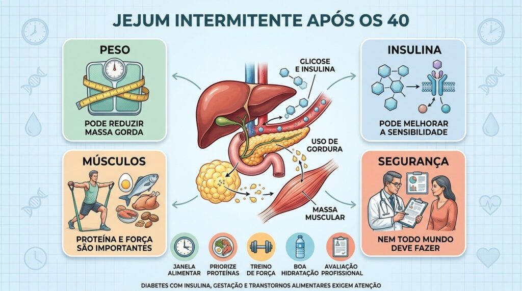 Peso, insulina, massa muscular e segurança orientam o jejum após os 40.