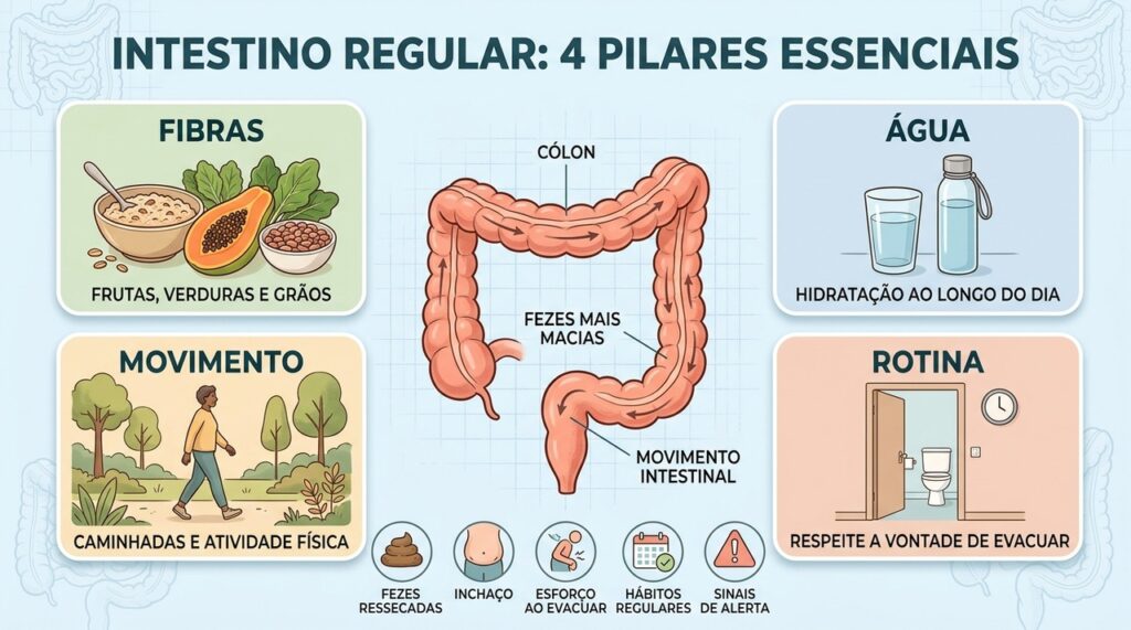 Quatro pilares ajudam a regular o intestino: fibras, água, atividade física e rotina.