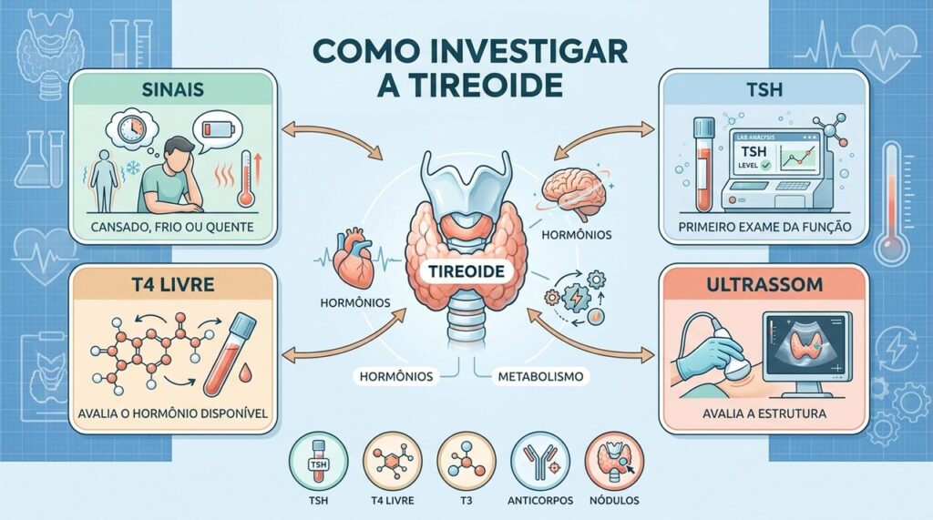 Sintomas levantam suspeitas; TSH, T4 livre e exames complementares esclarecem a função tireoidiana.