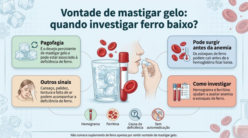 Vontade persistente de gelo pode levar à investigação com hemograma, ferritina e outros exames conforme avaliação médica.