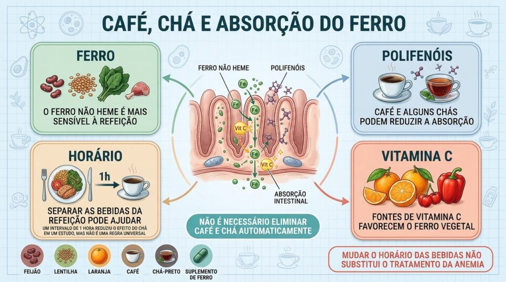 Ferro, polifenóis, horário das bebidas e vitamina C influenciam a absorção intestinal.