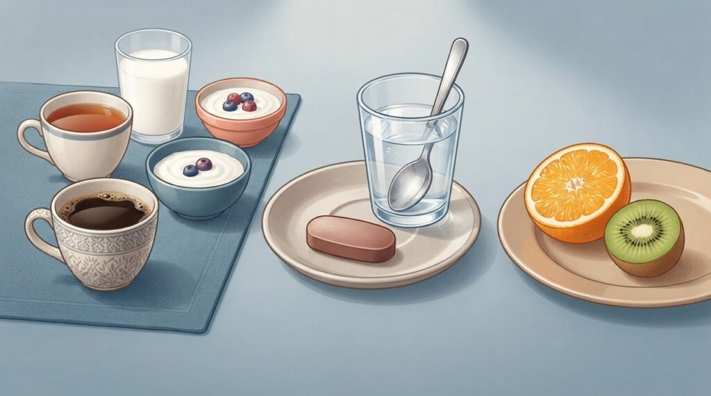Café, chá e laticínios podem atrapalhar a absorção do ferro quando consumidos muito perto da dose.