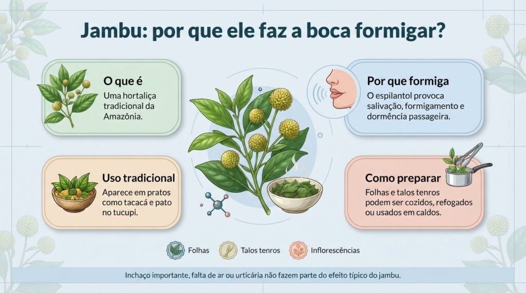 O espilantol ajuda a explicar a salivação, o formigamento e a dormência passageira associados ao jambu.