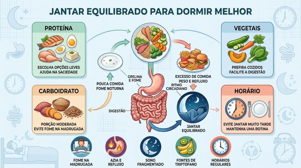 Proteína leve, vegetais, carboidrato moderado e horário regular favorecem um sono tranquilo.