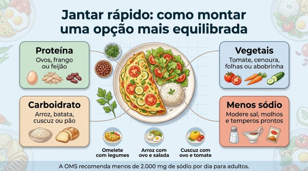 Combinar proteína, vegetais e uma fonte de carboidrato ajuda a montar um jantar rápido com melhor controle do sódio.