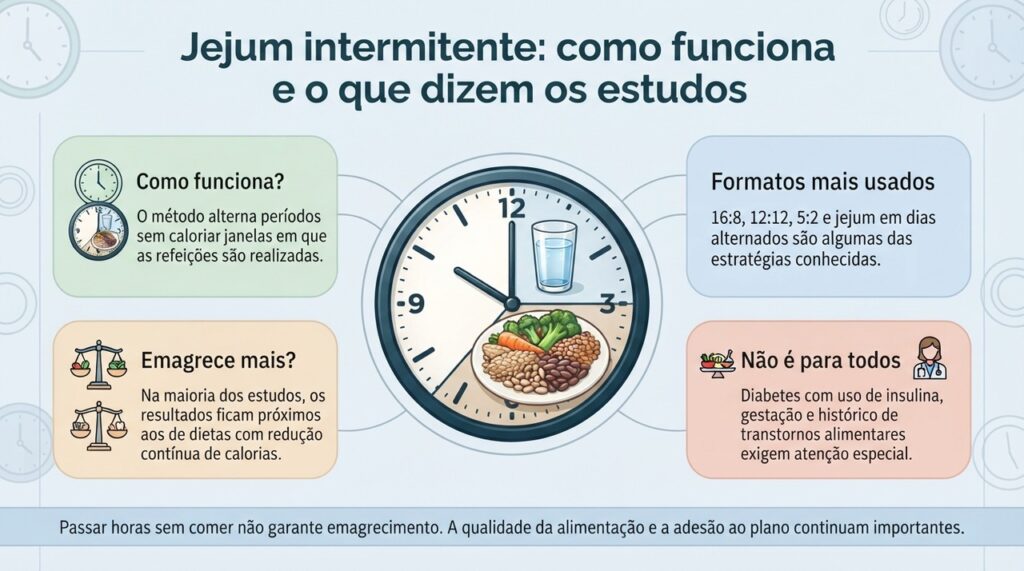 O jejum intermitente pode ajudar algumas pessoas, mas não costuma superar de forma importante a restrição calórica convencional.