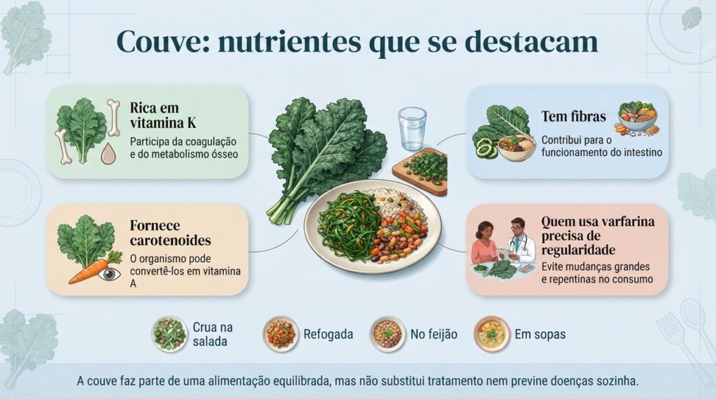 A couve fornece vitamina K, fibras e carotenoides e pode ser incluída de diferentes formas nas refeições.