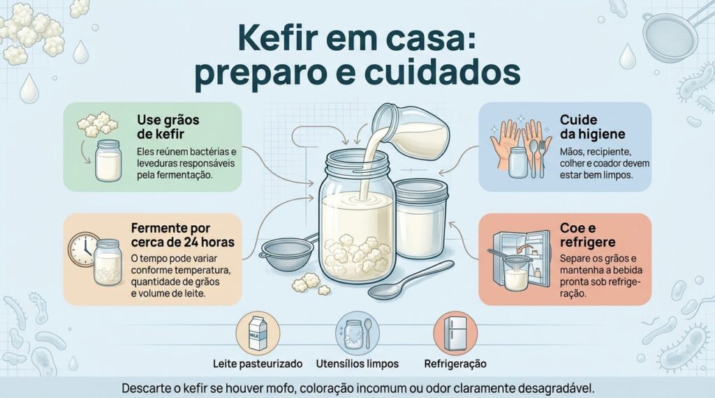 O preparo seguro do kefir depende de boa higiene, fermentação adequada e armazenamento refrigerado.