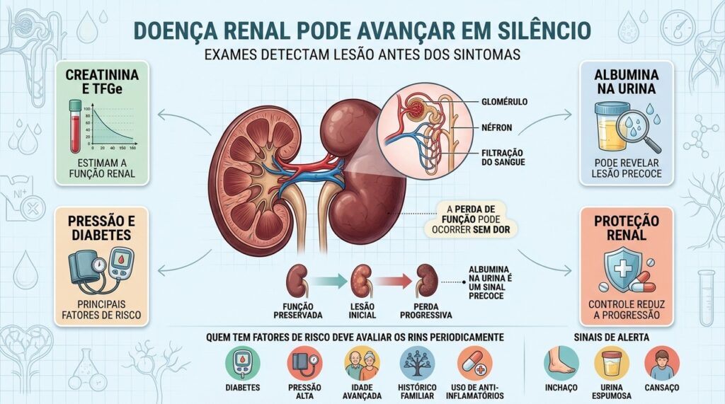 Creatinina, TFGe e albumina urinária ajudam a detectar precocemente a doença renal.