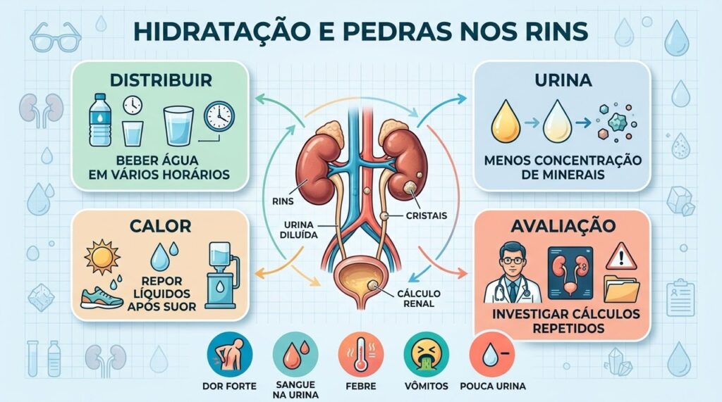Urina diluída, reposição de líquidos e avaliação reduzem recorrência de cálculos.