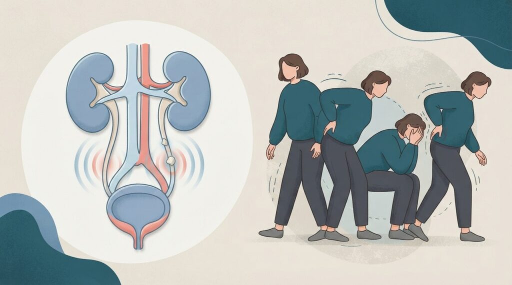 A cólica renal pode surgir quando um cálculo se desloca pelo ureter e provoca dor em ondas.