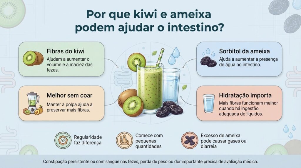 Kiwi, ameixa seca e boa hidratação podem favorecer evacuações mais regulares, mas constipação persistente precisa ser investigada.
