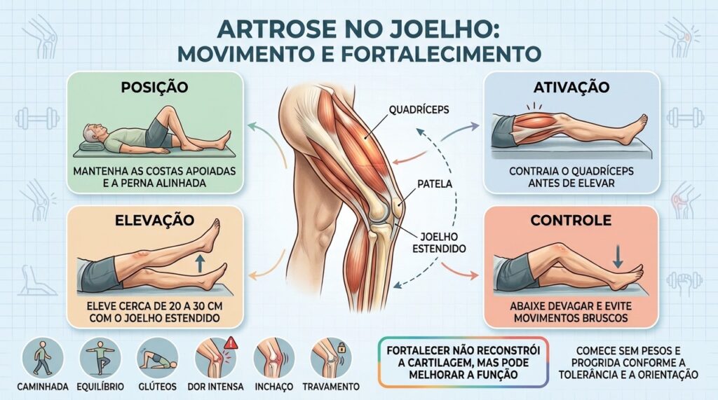 Posição, ativação, elevação e controle orientam o fortalecimento gradual na artrose do joelho.