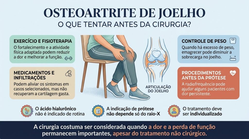 A prótese costuma ser discutida quando a artrose continua limitando a vida diária apesar das opções não cirúrgicas.