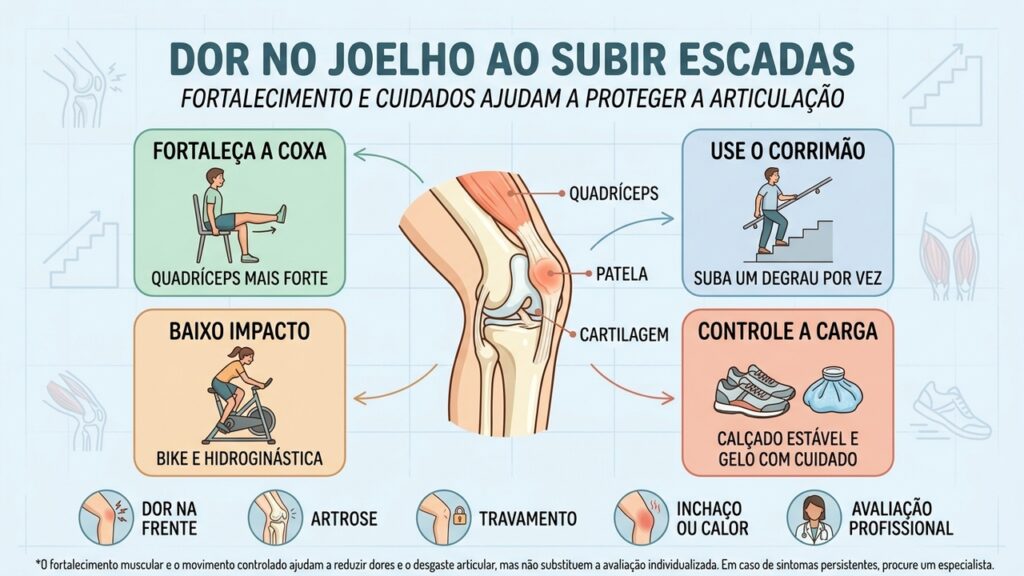 Fortalecer a coxa, usar o corrimão e escolher atividades de baixo impacto ajudam a cuidar dos joelhos.