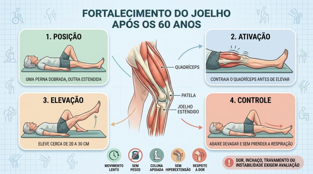 Posição, ativação, elevação e controle orientam o fortalecimento seguro do quadríceps.