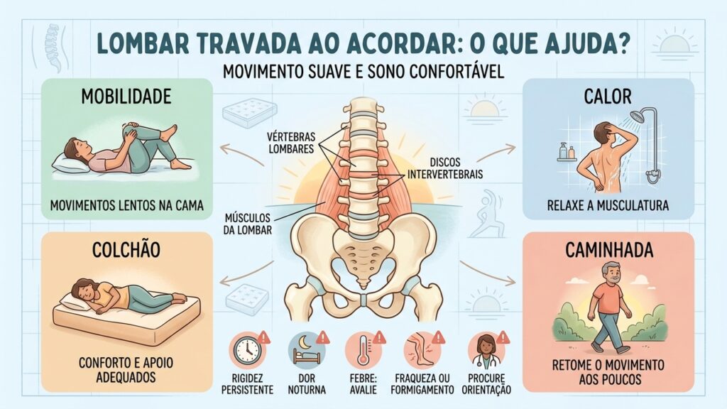 Mobilidade, calor, colchão confortável e caminhada ajudam a cuidar da lombar; rigidez persistente merece avaliação.