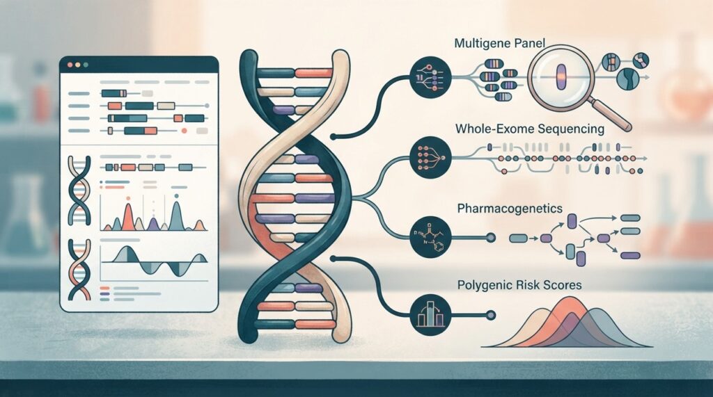 Painéis multigênicos, exoma, farmacogenética e escores poligênicos respondem a perguntas diferentes sobre saúde e hereditariedade.