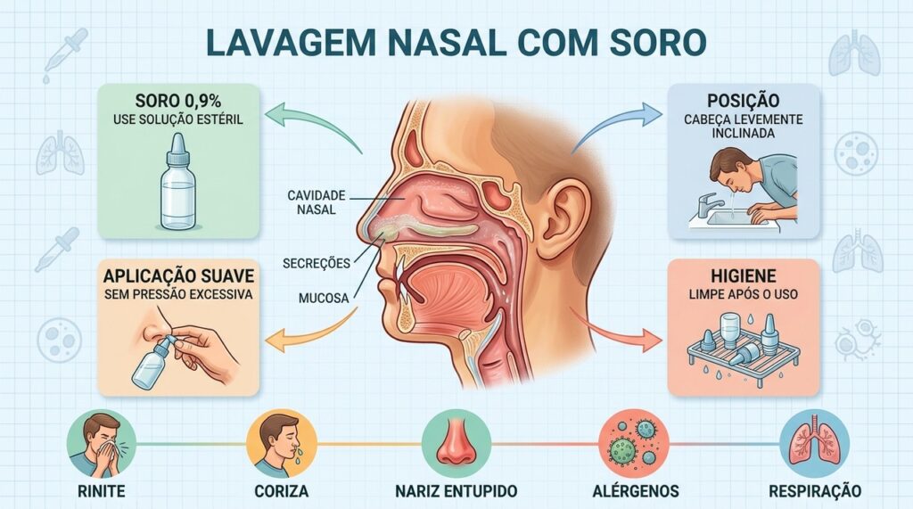 Soro estéril, posição adequada e higiene garantem uma lavagem nasal mais segura.