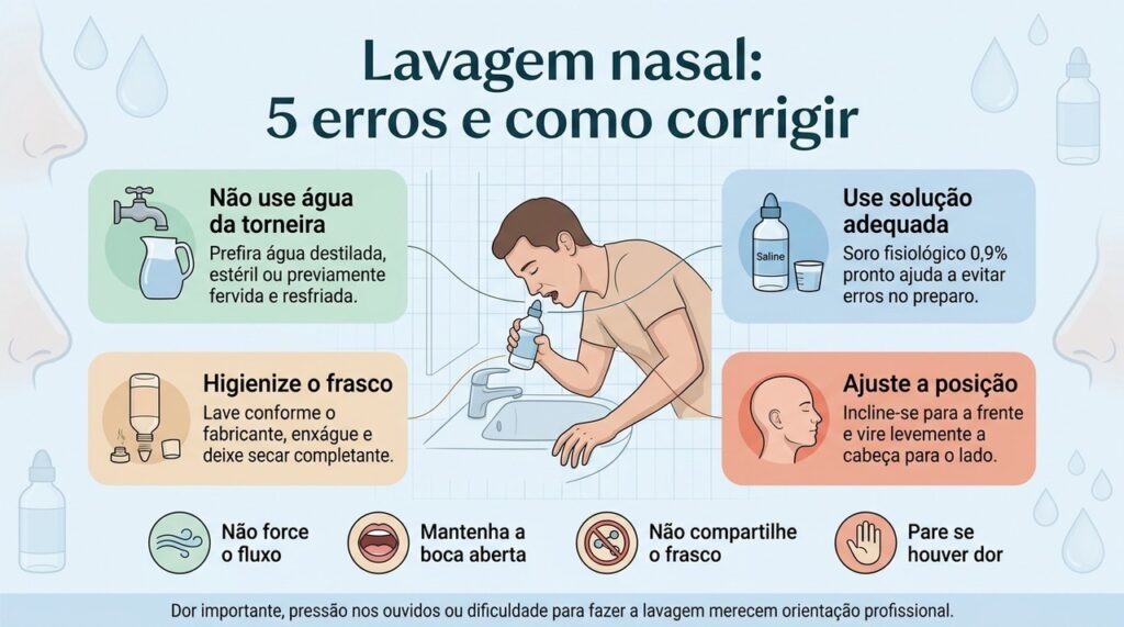Técnica, água segura, solução adequada e higiene do irrigador ajudam a tornar a lavagem nasal mais segura.