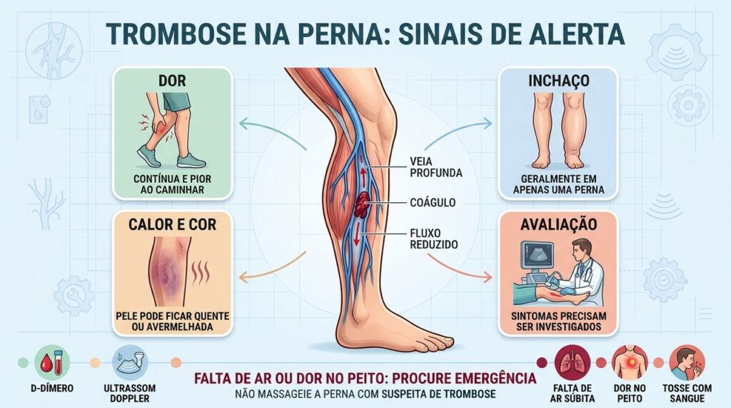 Dor, inchaço e calor unilateral estão entre os principais alertas de trombose.