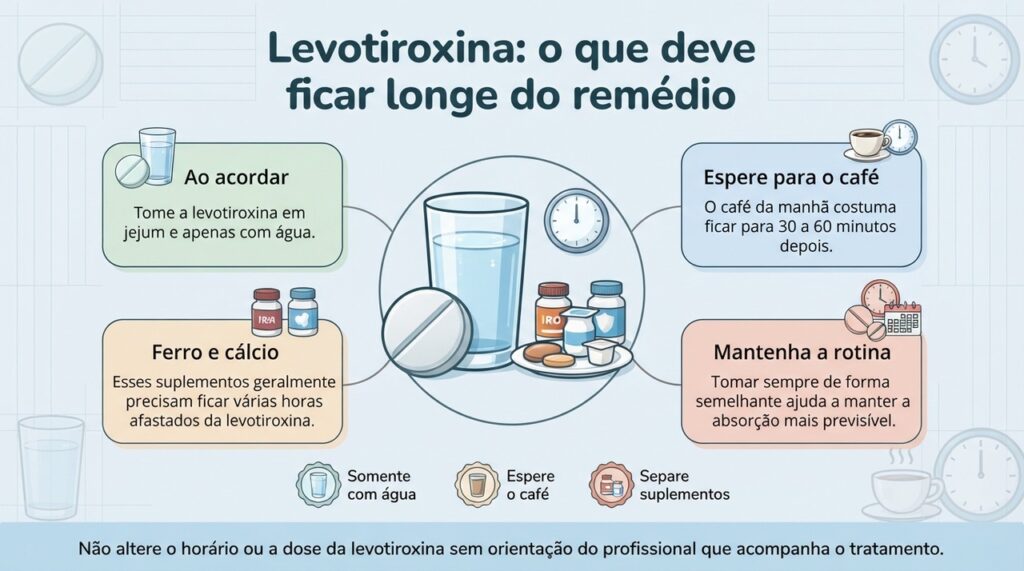 O intervalo entre levotiroxina, café, ferro e cálcio ajuda a manter a absorção do medicamento mais previsível.