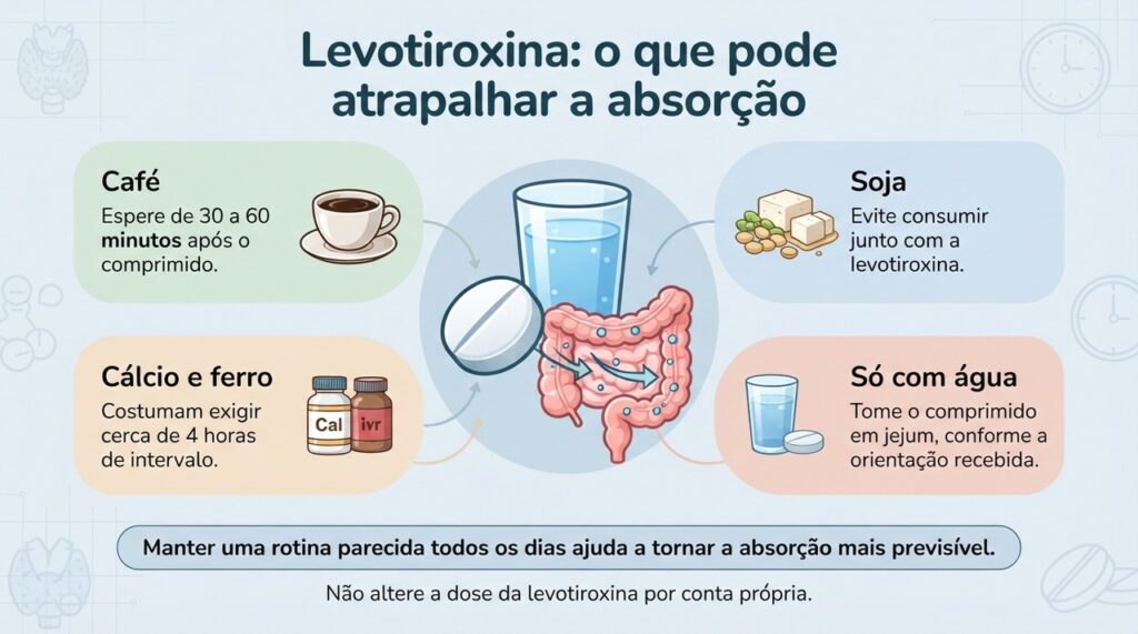 Café, soja, cálcio e ferro podem interferir na levotiroxina quando usados muito próximos do horário do comprimido.
