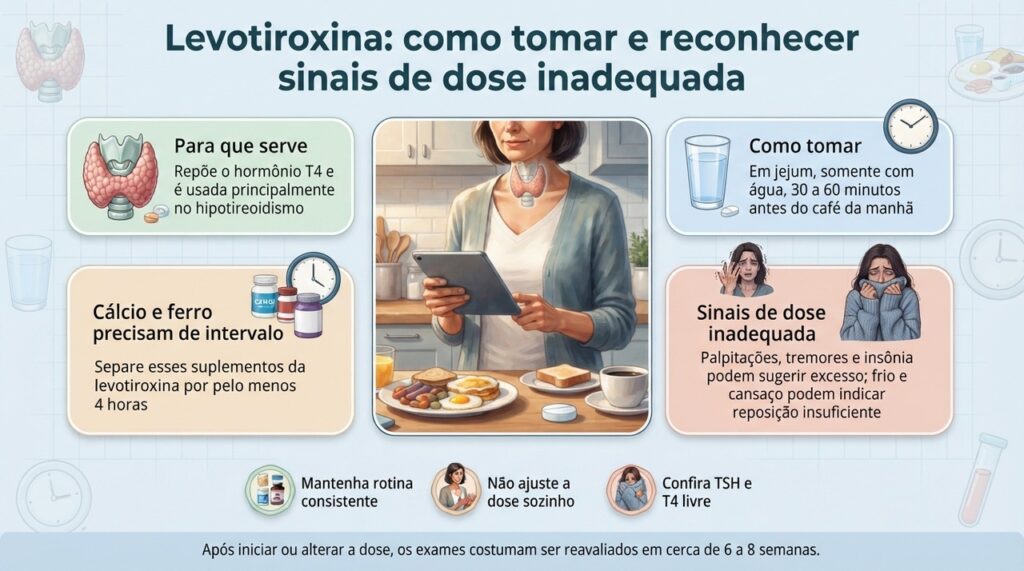 A levotiroxina funciona melhor quando tomada de forma consistente, e a dose deve ser ajustada com base em sintomas e exames.