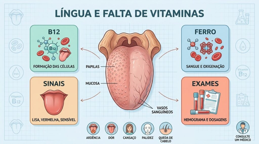 Língua alterada, cansaço e palidez podem orientar exames para ferro e vitamina B12.