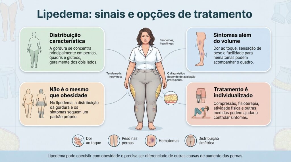 O lipedema costuma combinar aumento desproporcional e simétrico das pernas com dor, peso e tendência a hematomas.