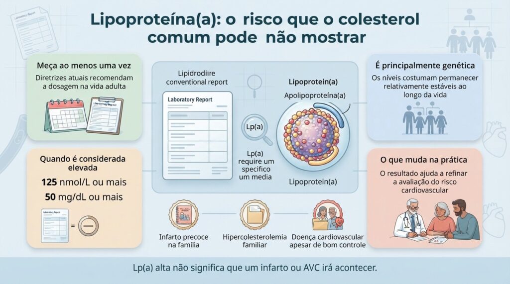 A dosagem da Lp(a) acrescenta uma informação de risco que não aparece separadamente no lipidograma habitual.
