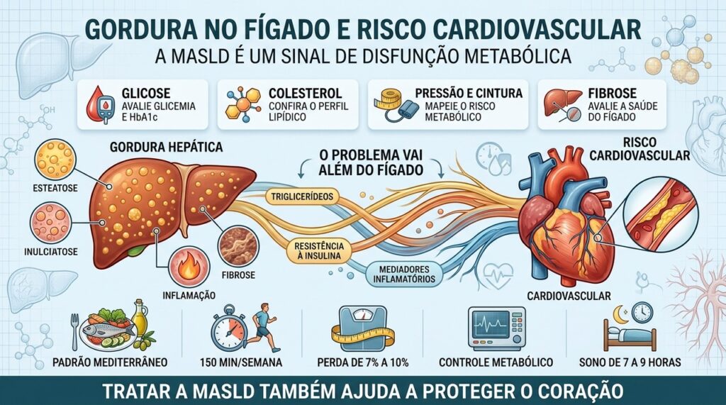 MASLD conecta gordura hepática, resistência à insulina e maior risco cardiovascular.