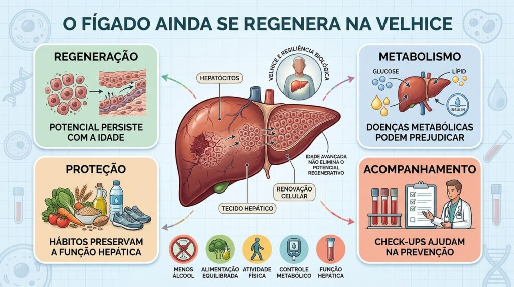 Hepatócitos mantêm potencial de renovação, enquanto doenças metabólicas podem limitar a regeneração hepática.