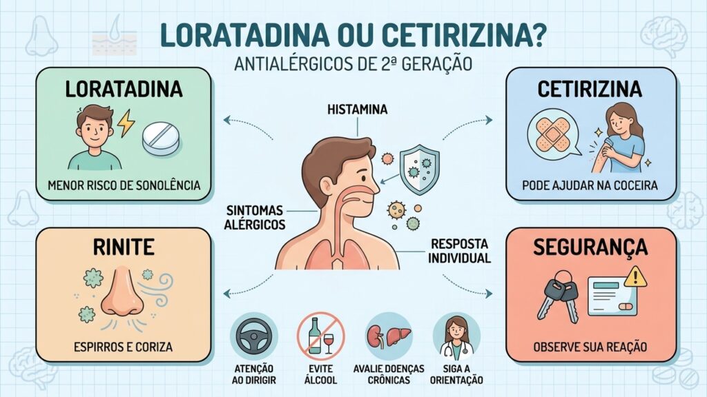 Compare os antialérgicos considerando rinite, coceira, sonolência, medicamentos em uso e orientação profissional.