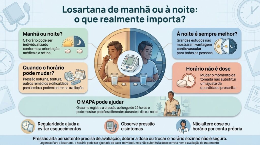 Para a losartana, o horário pode ser ajustado ao caso individual, mas não substitui a dose correta nem a avaliação do tratamento.