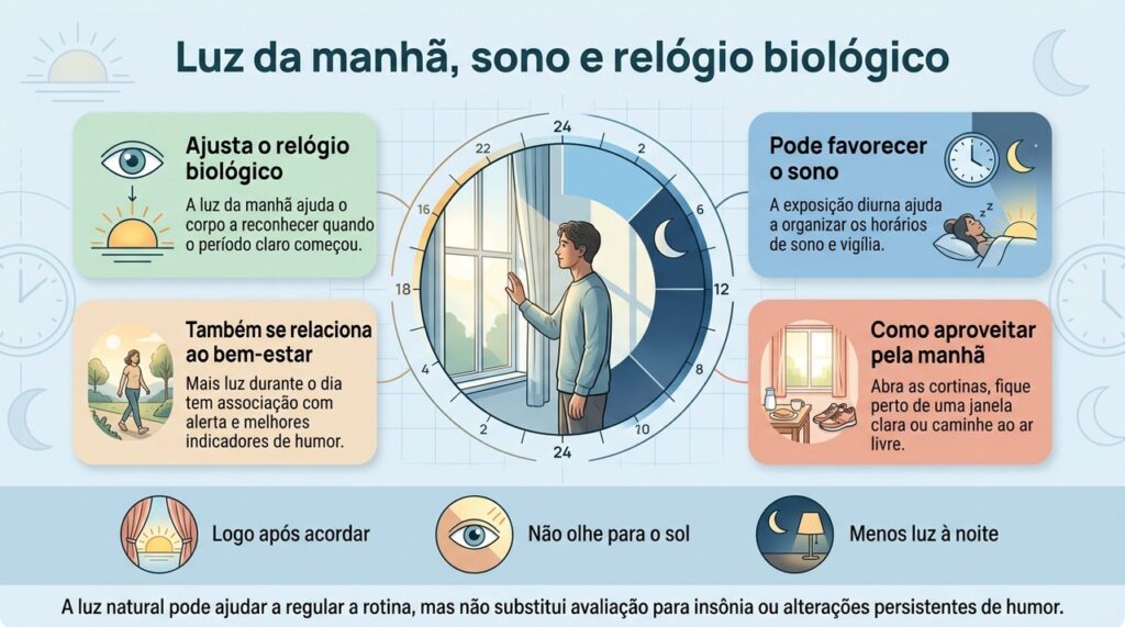 A exposição à luz natural pela manhã ajuda a sincronizar o ciclo de sono e vigília e pode contribuir para o bem-estar.