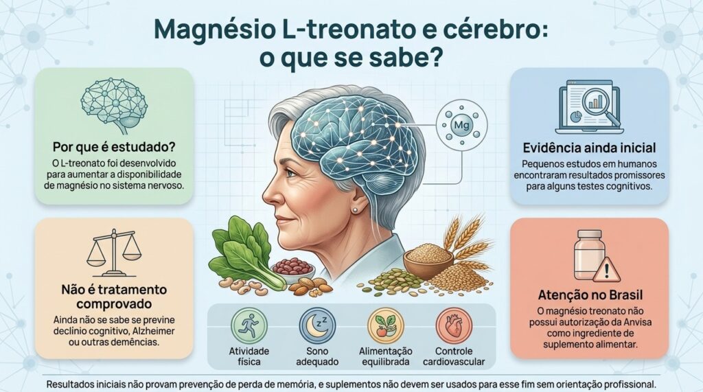 As pesquisas sobre magnésio L-treonato são promissoras, mas ainda não demonstram prevenção do declínio cognitivo.